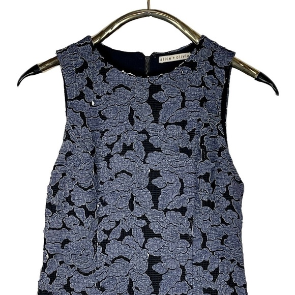 ALICE + OLIVIA FONDA SLEEVELESS DROP WAIST DENIM FLORAL APPLIQUE MINI DRESS - Picture 7 of 16